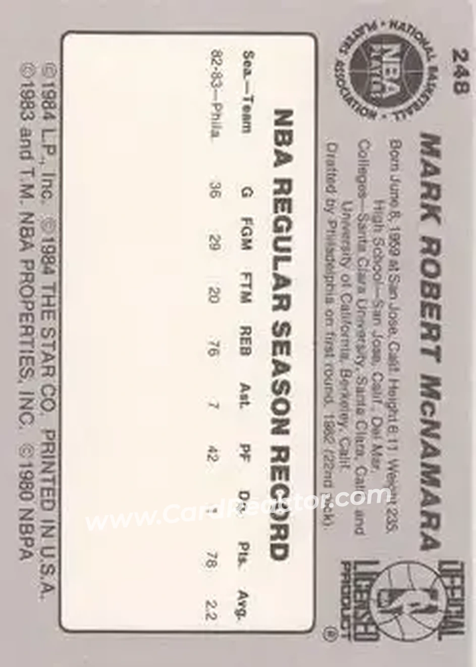 1983-84 Star #248 - Mark McNamara - San Antonio Spurs - Back