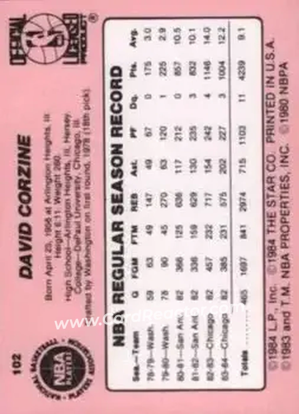 1984-85 Star #102 - Dave Corzine - Chicago Bulls - Back