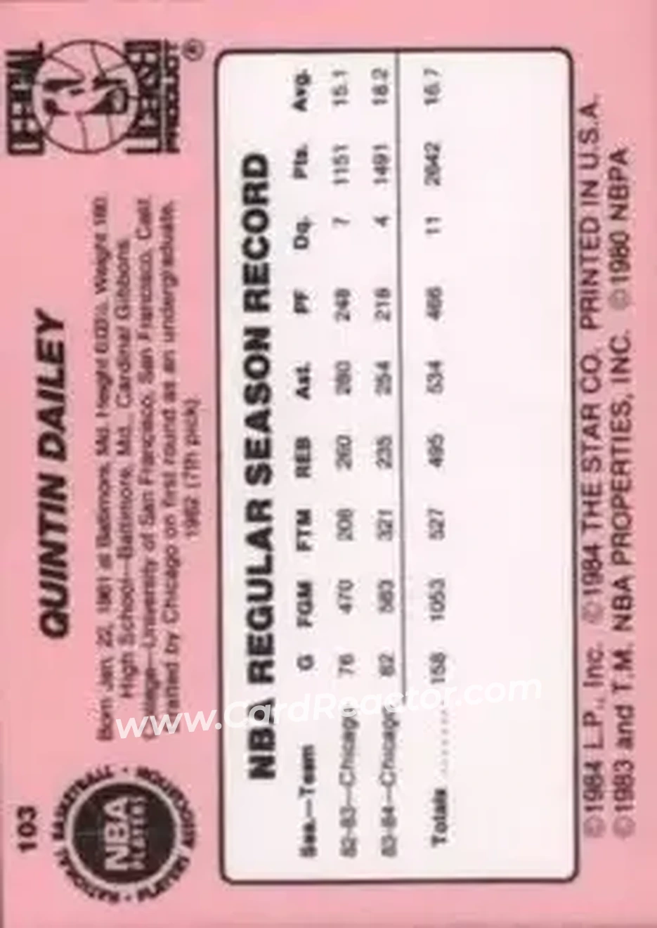 1984-85 Star #103 - Quintin Dailey - Chicago Bulls - Back