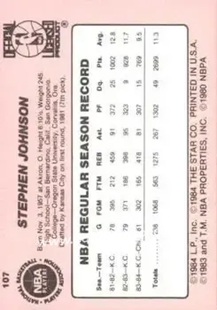 1984-85 Star #107 - Steve Johnson - Chicago Bulls - Back