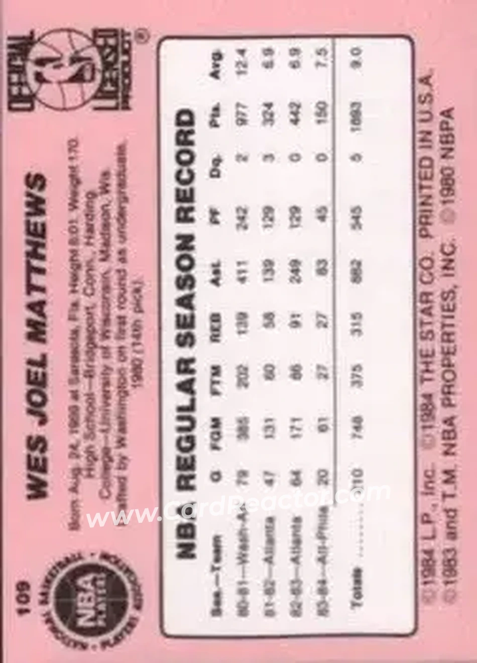 1984-85 Star #109 - Wes Matthews - Chicago Bulls - Back