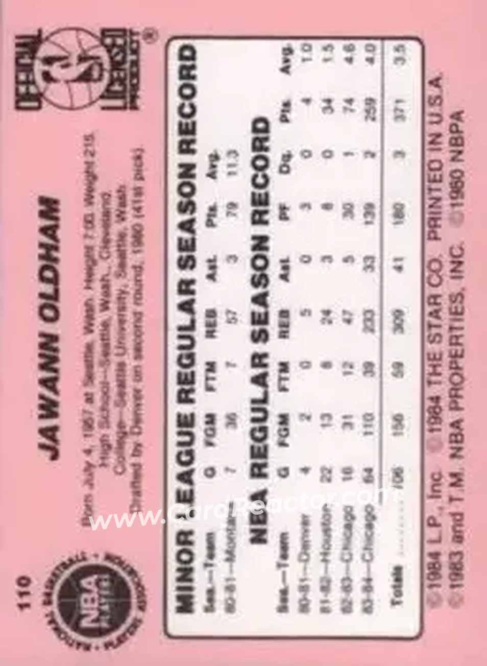1984-85 Star #110 - Jawann Oldham - Chicago Bulls - Back