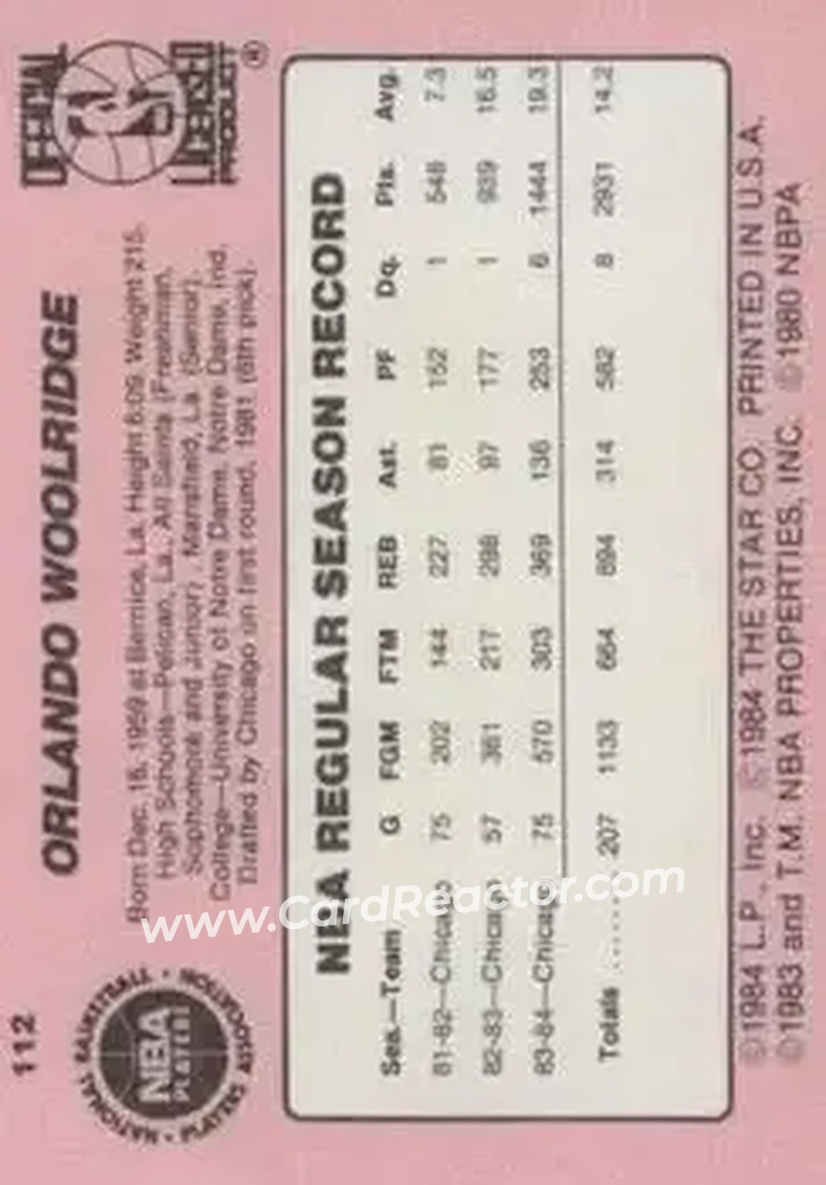 1984-85 Star #112 - Orlando Woolridge - Chicago Bulls - Back
