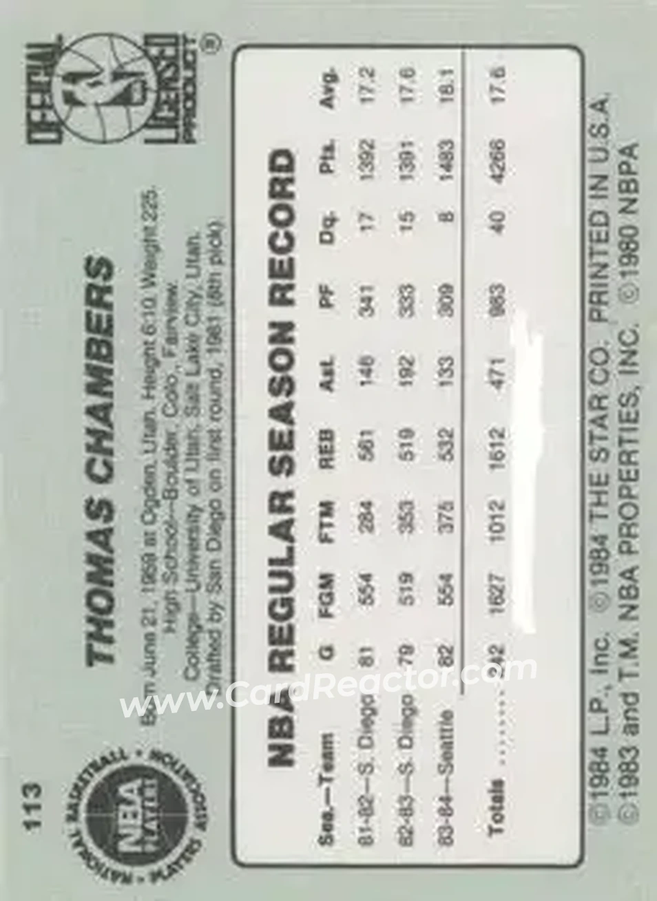 1984-85 Star #113 - Tom Chambers - Seattle SuperSonics - Back