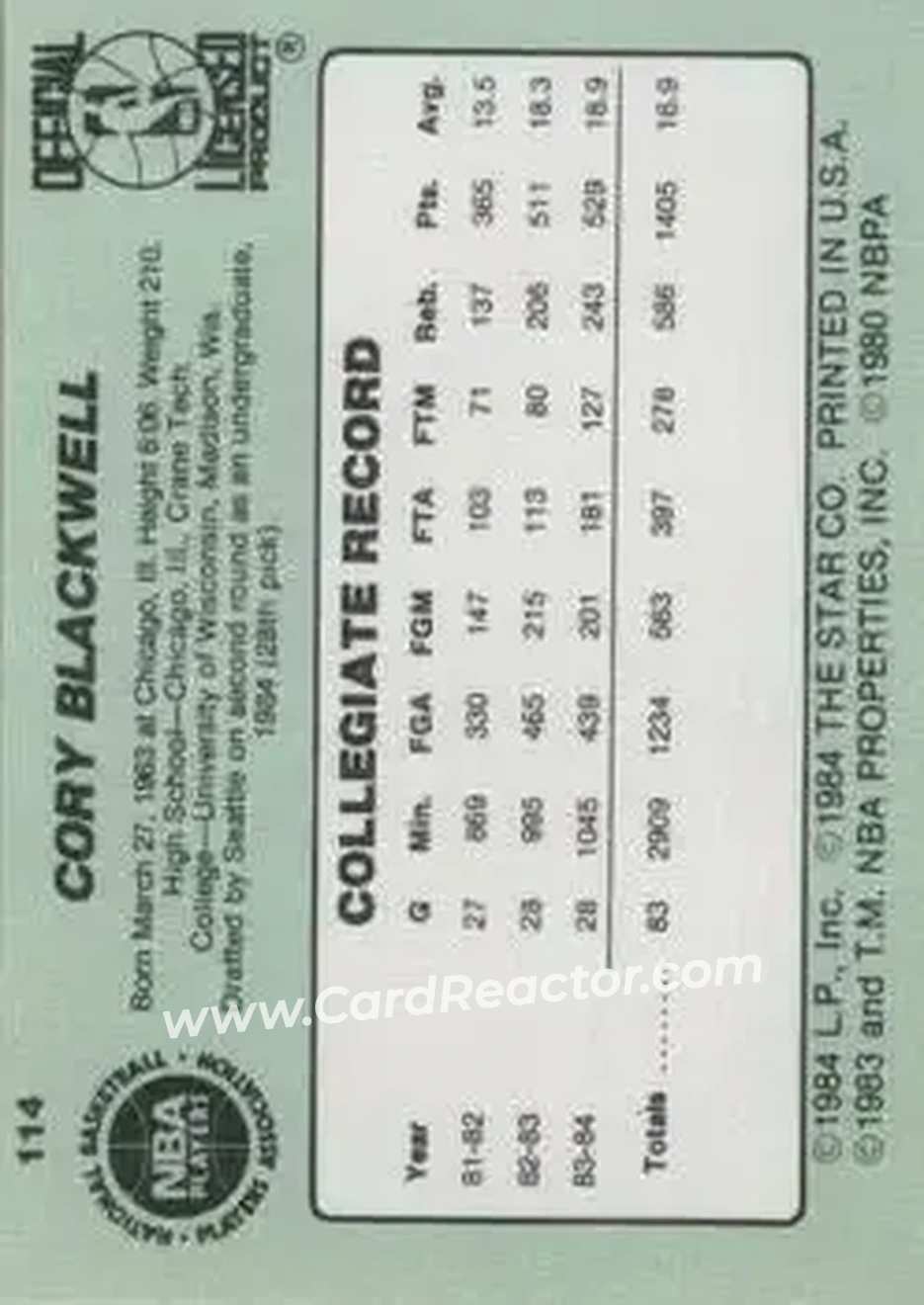 1984-85 Star #114 - Cory Blackwell - Seattle SuperSonics - Back 1984-85 Star #114 - Cory Blackwell - Seattle SuperSonics - Back