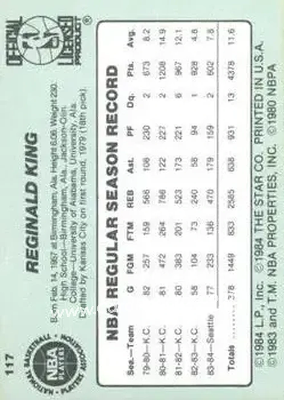 1984-85 Star #117 - Reggie King - Seattle SuperSonics - Back 1984-85 Star #117 - Reggie King - Seattle SuperSonics - Back