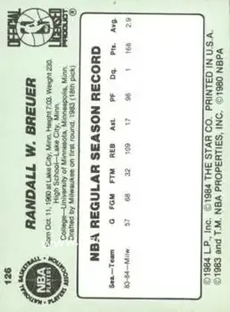 1984-85 Star #126 - Randy Breuer - Milwaukee Bucks - Back