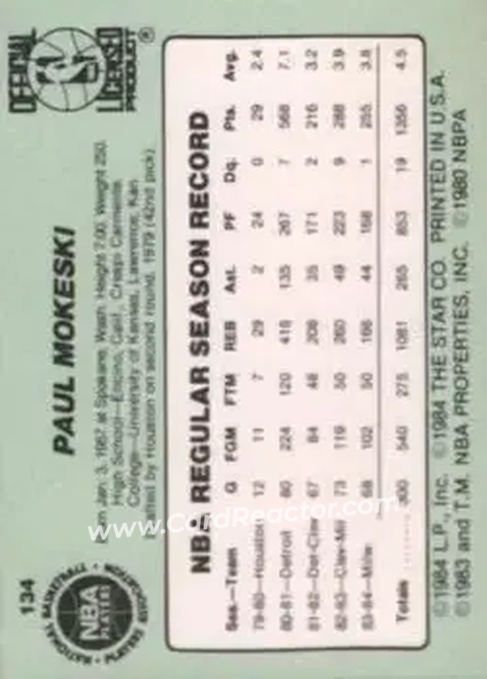 1984-85 Star #134 - Paul Mokeski - Milwaukee Bucks - Back