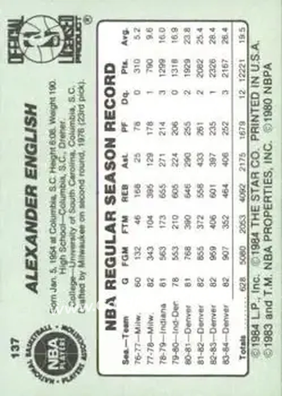 1984-85 Star #137 - Alex English - Denver Nuggets - Back