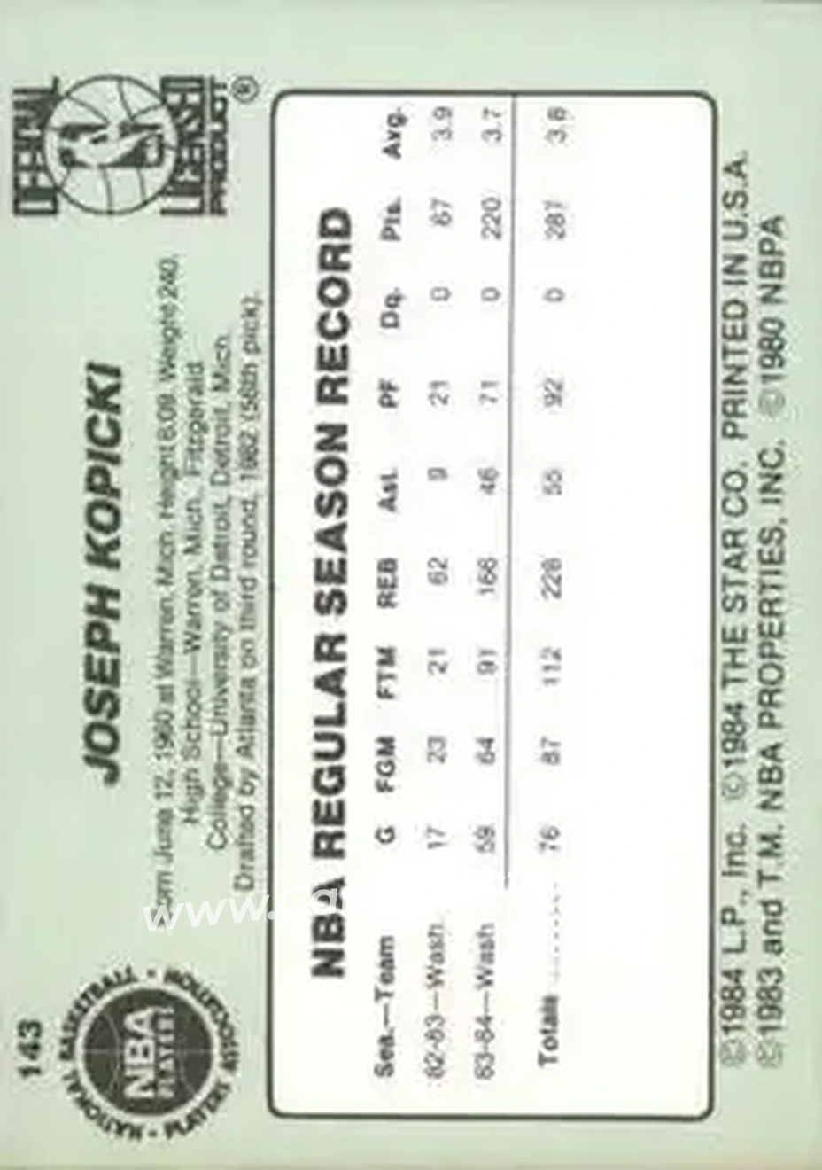 1984-85 Star #143 - Joe Kopicki - Denver Nuggets - Back