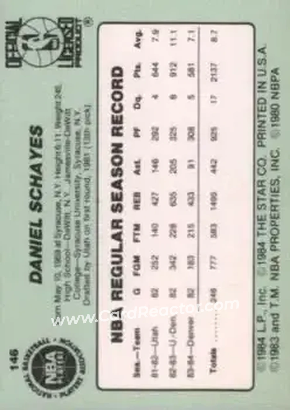 1984-85 Star #146 - Danny Schayes - Denver Nuggets - Back