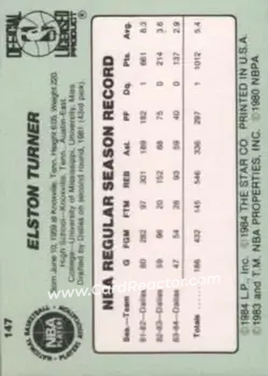 1984-85 Star #147 - Elston Turner - Denver Nuggets - Back