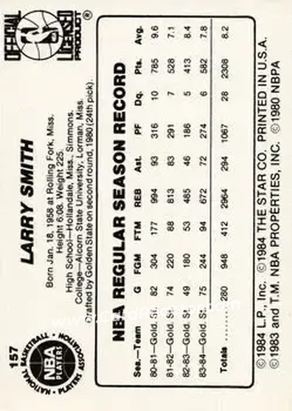 1984-85 Star #157 - Larry Smith - Golden State Warriors - Back