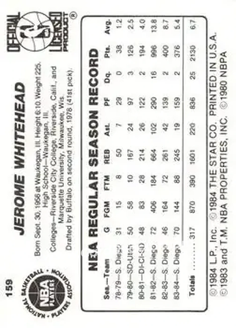 1984-85 Star #159 - Jerome Whitehead - Golden State Warriors - Back