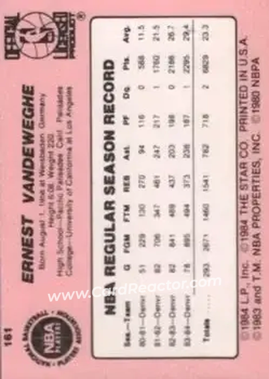 1984-85 Star #161 - Kiki Vandeweghe - Portland Trail Blazers - Back