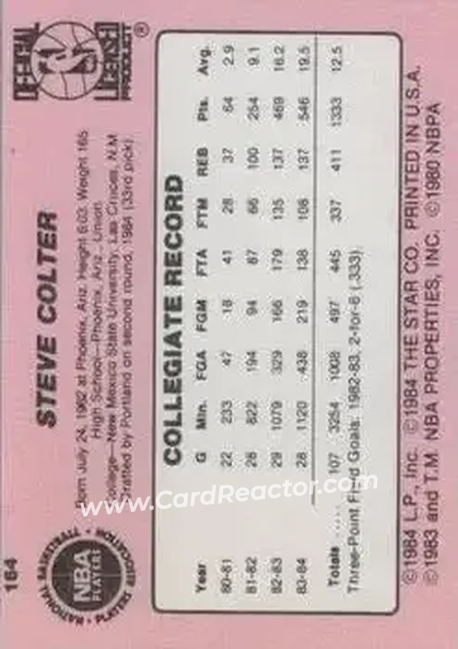 1984-85 Star #164 - Steve Colter - Portland Trail Blazers - Back