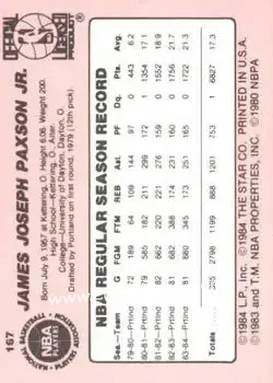 1984-85 Star #167 - Jim Paxson - Portland Trail Blazers - Back