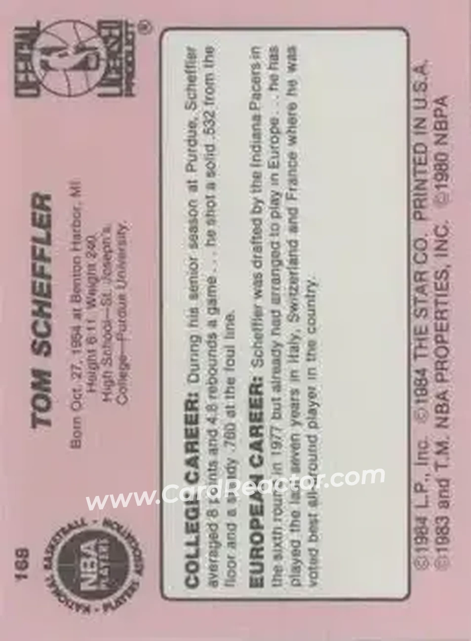 1984-85 Star #168 - Tom Scheffler - Portland Trail Blazers - Back