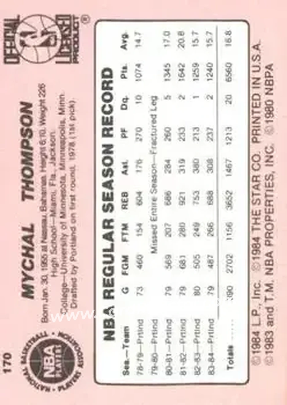 1984-85 Star #170 - Mychal Thompson - Portland Trail Blazers - Back