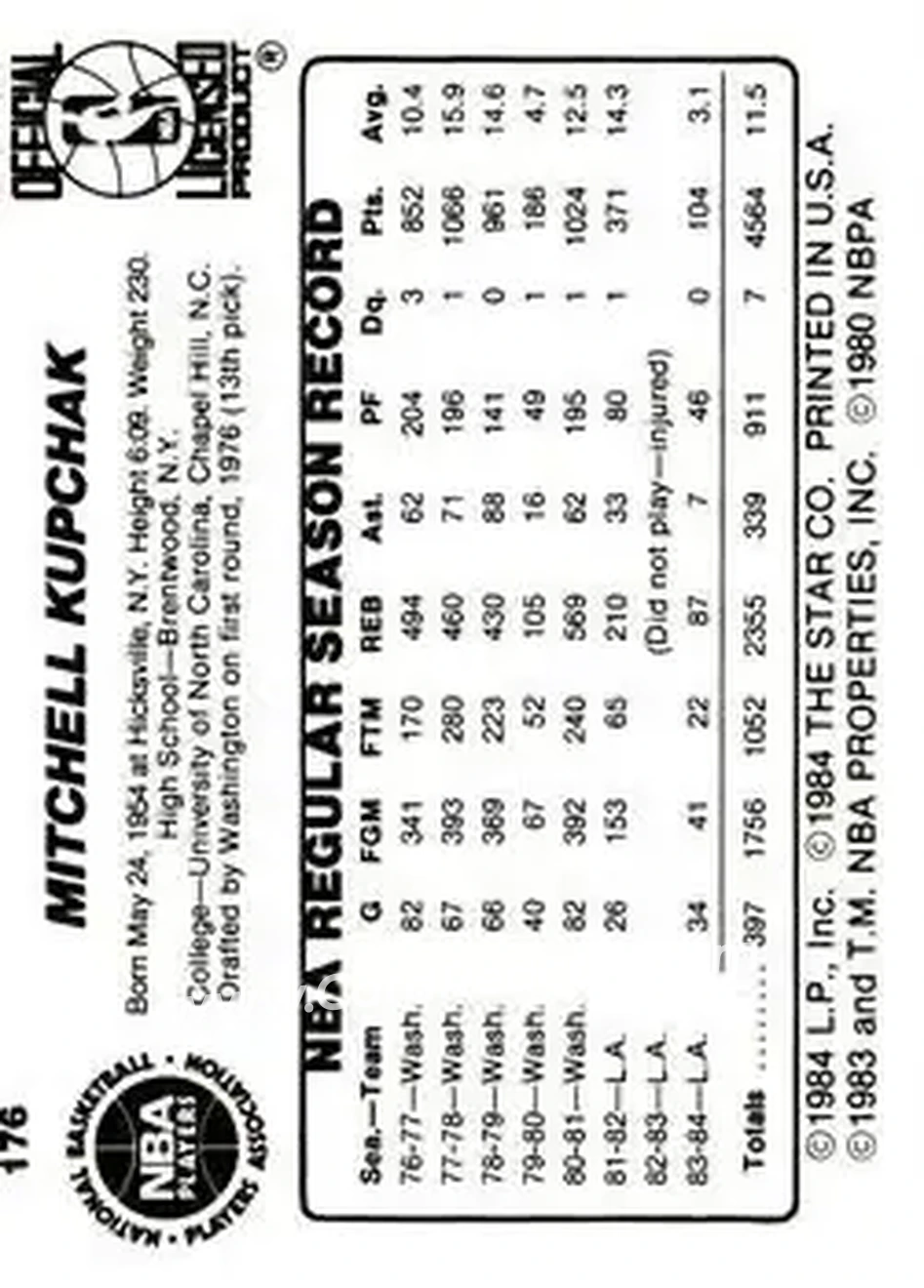 1984-85 Star #176 - Mitch Kupchak - Los Angeles Lakers - Back 1984-85 Star #176 - Mitch Kupchak - Los Angeles Lakers - Back