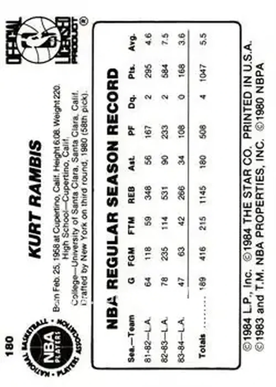 1984-85 Star #180 - Kurt Rambis - Los Angeles Lakers - Back
