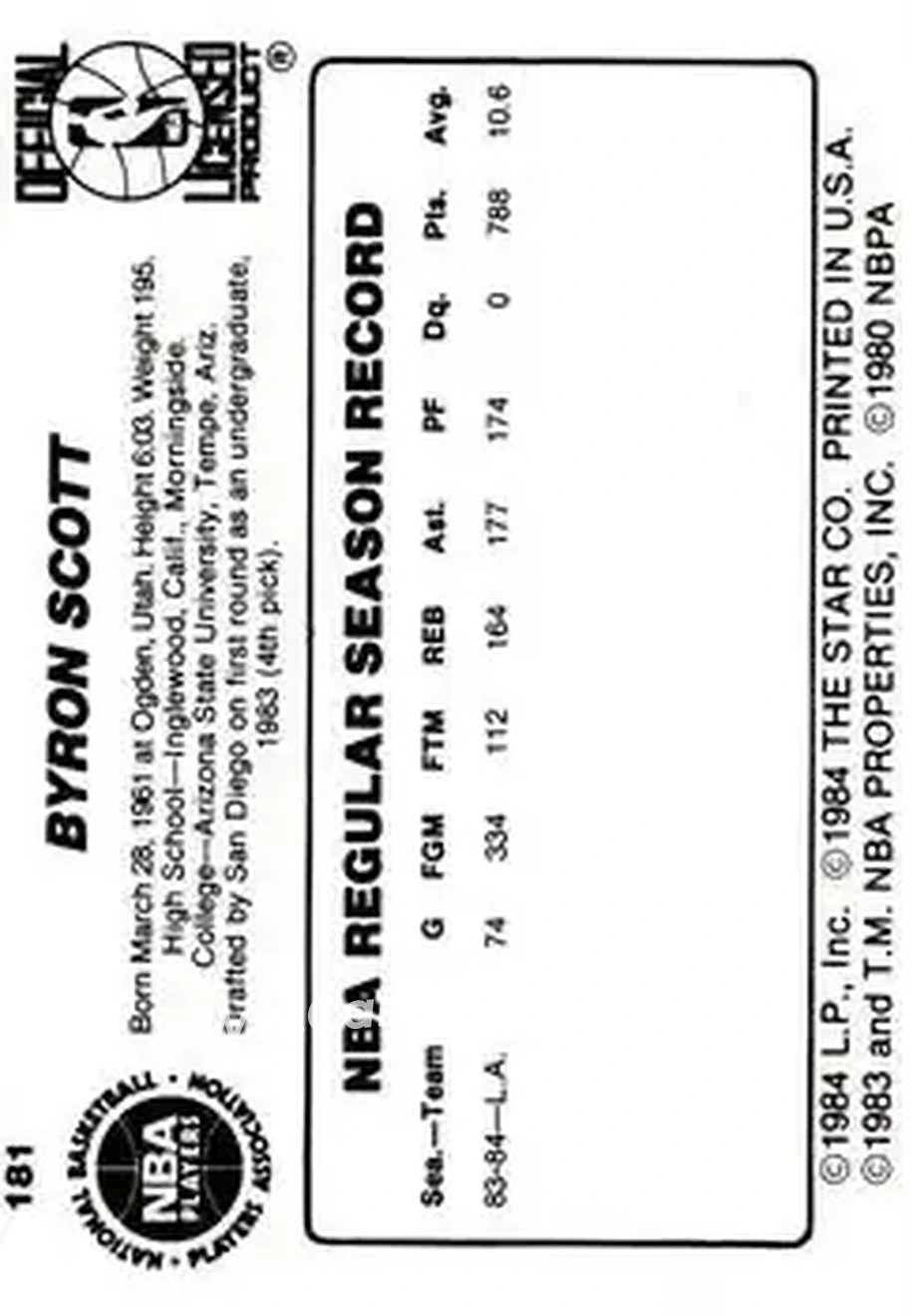 1984-85 Star #181 - Byron Scott - Los Angeles Lakers - Back