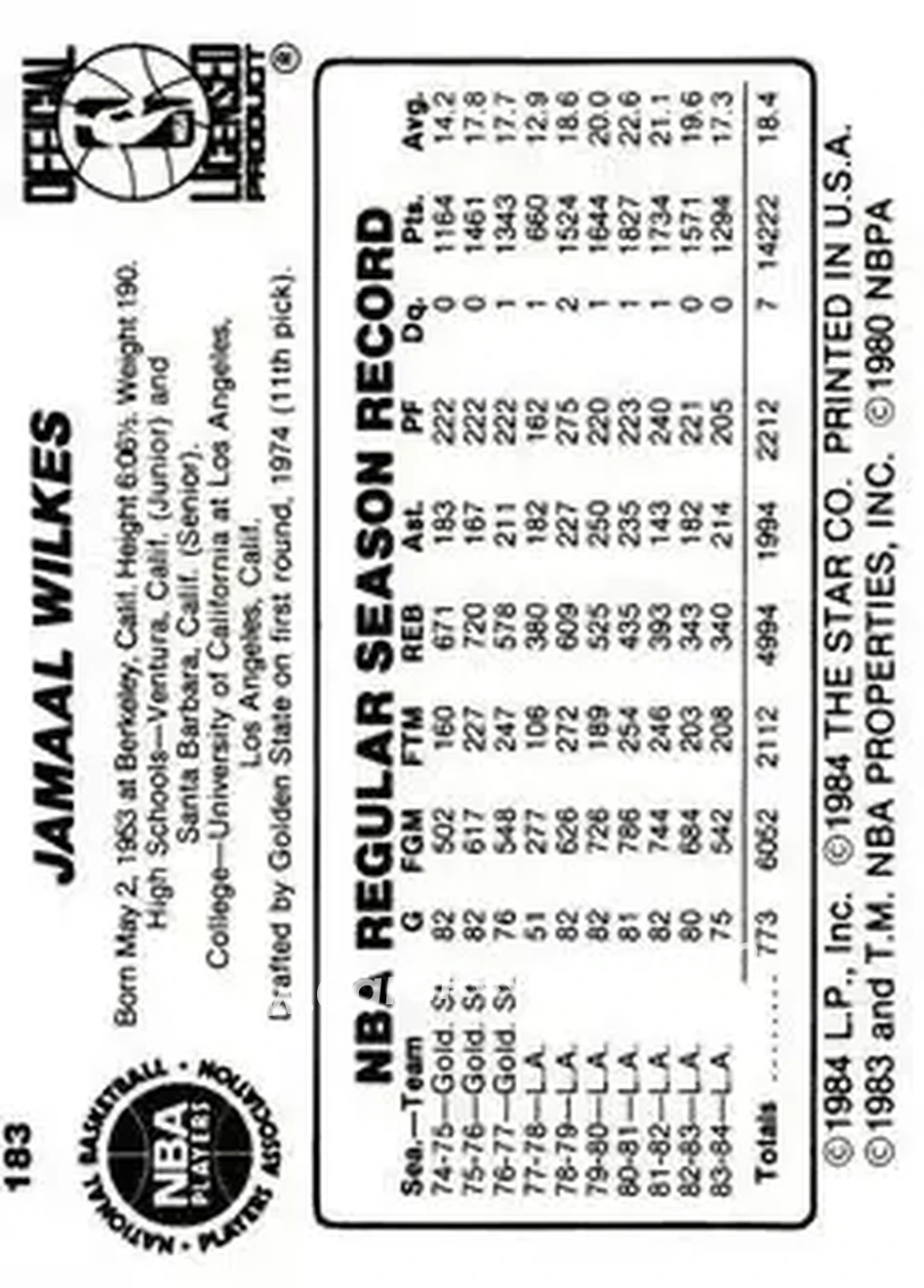 1984-85 Star #183 - Jamaal Wilkes - Los Angeles Lakers - Back