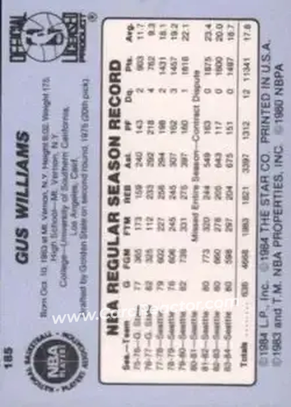 1984-85 Star #185 - Gus Williams - Washington Bullets - Back