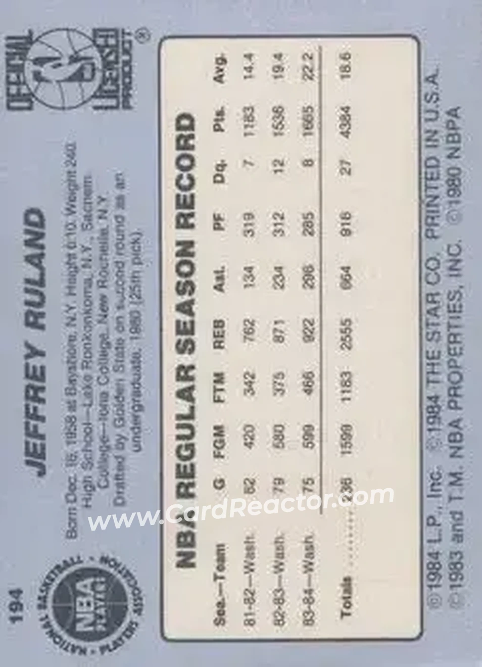 1984-85 Star #194 - Jeff Ruland - Washington Bullets - Back 1984-85 Star #194 - Jeff Ruland - Washington Bullets - Back
