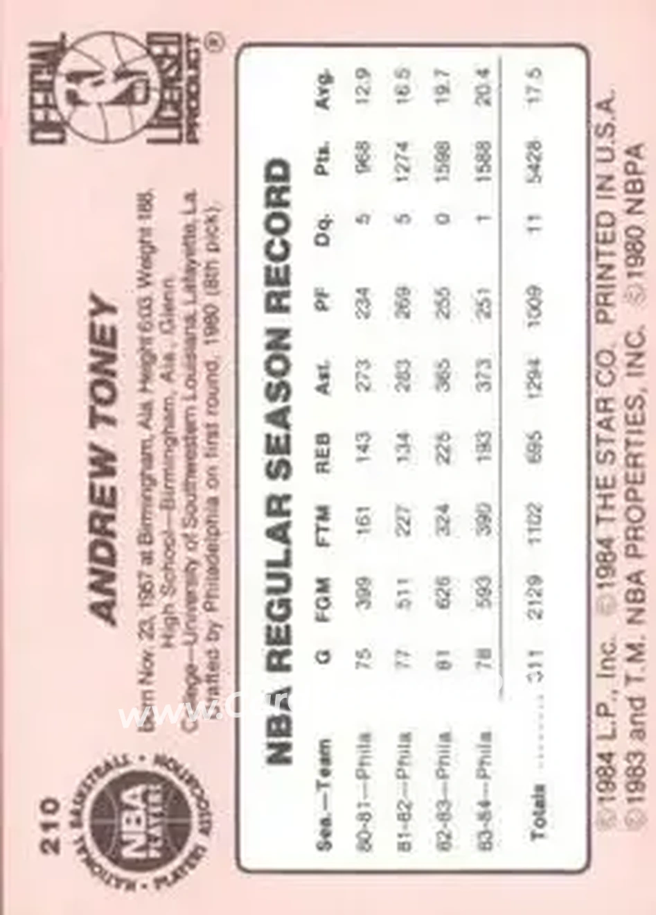 1984-85 Star #210 - Andrew Toney - Philadelphia 76ers - Back