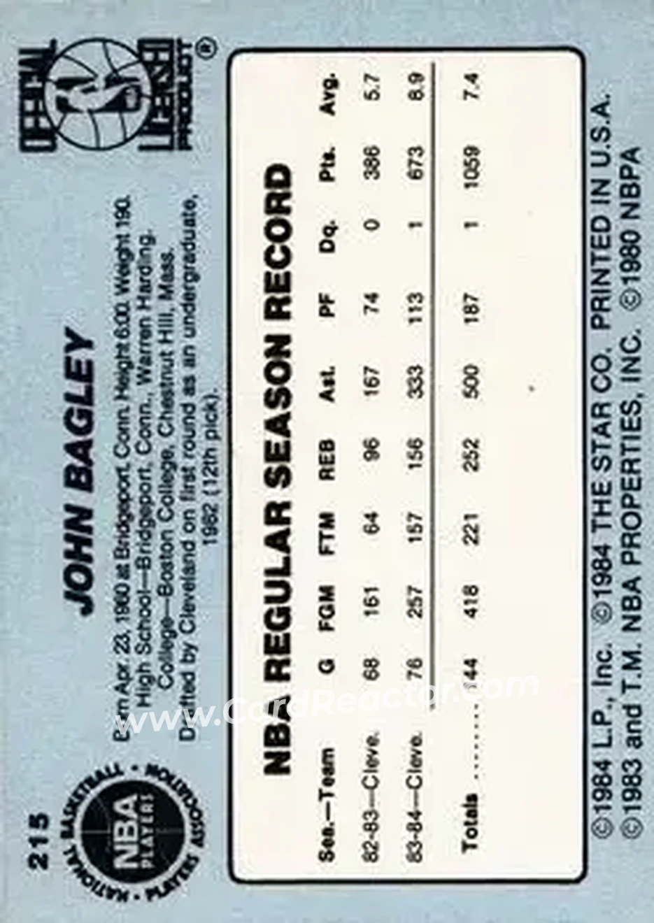 1984-85 Star #215 - John Bagley - Cleveland Cavaliers - Back 1984-85 Star #215 - John Bagley - Cleveland Cavaliers - Back