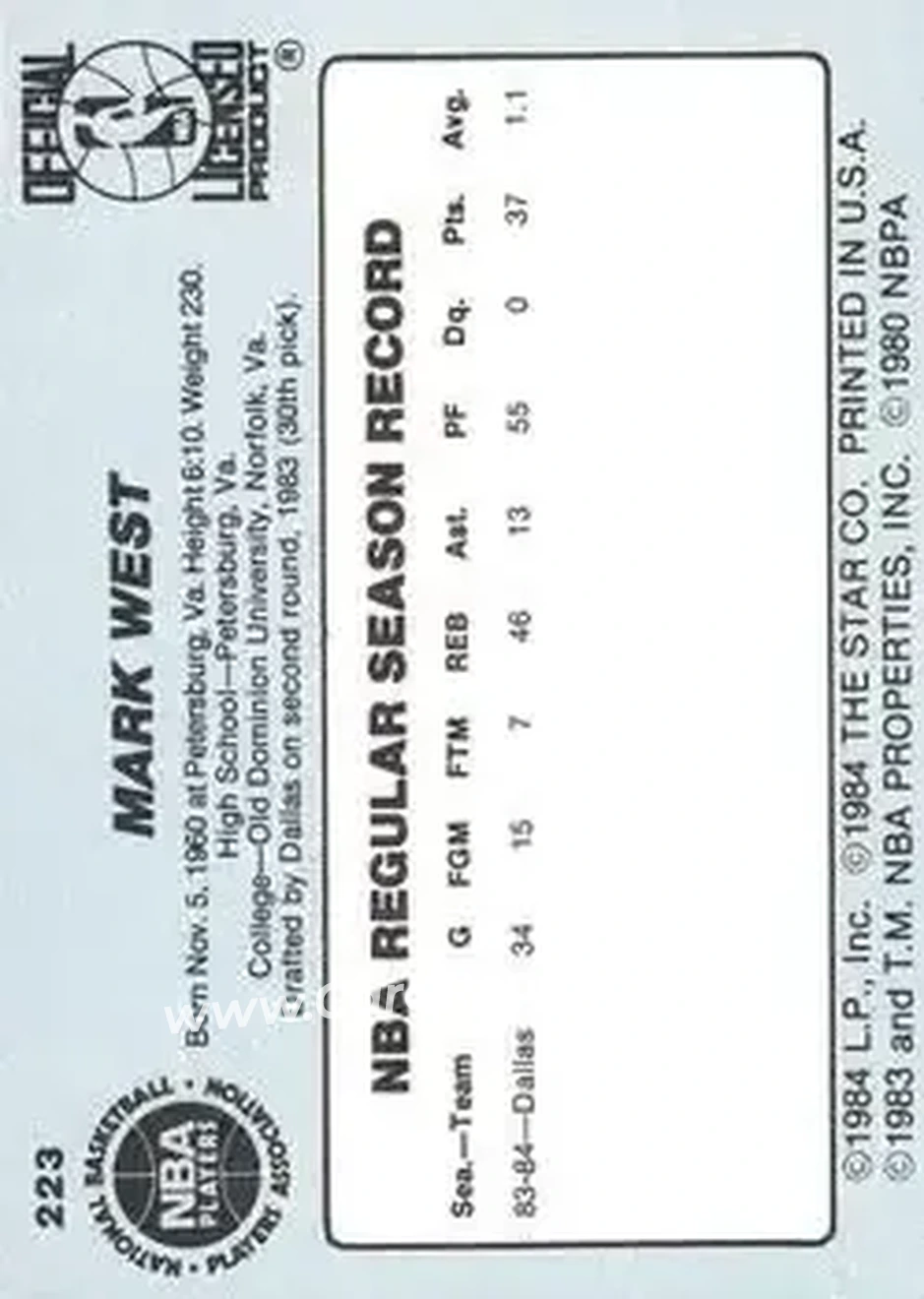 1984-85 Star #223 - Mark West - Cleveland Cavaliers - Back