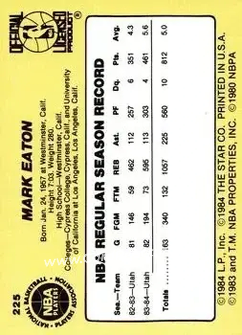 1984-85 Star #225 - Mark Eaton - Utah Jazz - Back 1984-85 Star #225 - Mark Eaton - Utah Jazz - Back