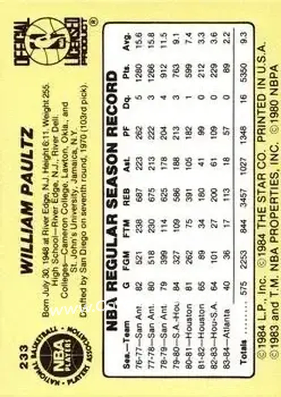 1984-85 Star #233 - Billy Paultz - Utah Jazz - Back