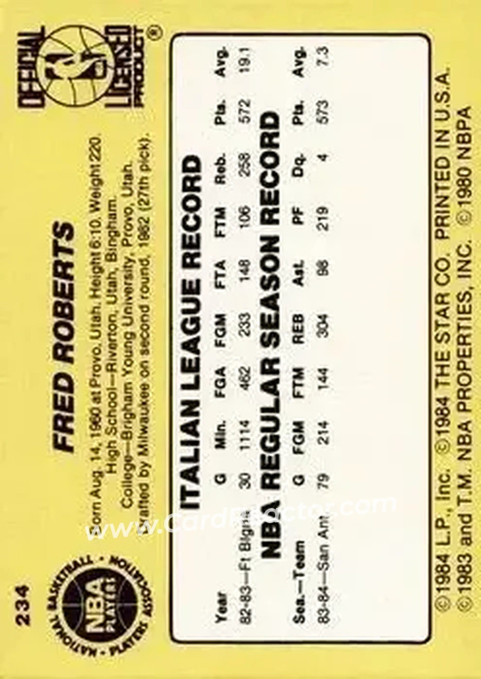 1984-85 Star #234 - Fred Roberts - Utah Jazz - Back