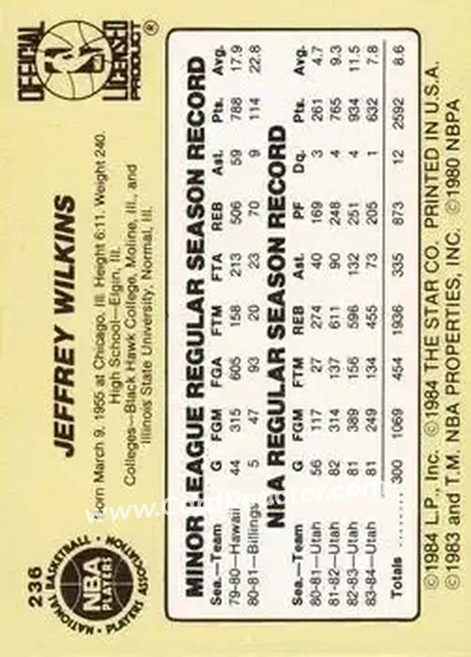 1984-85 Star #236 - Jeff Wilkins - Utah Jazz - Back 1984-85 Star #236 - Jeff Wilkins - Utah Jazz - Back