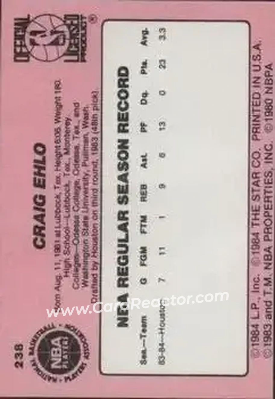 1984-85 Star #238 - Craig Ehlo - Houston Rockets - Back 1984-85 Star #238 - Craig Ehlo - Houston Rockets - Back