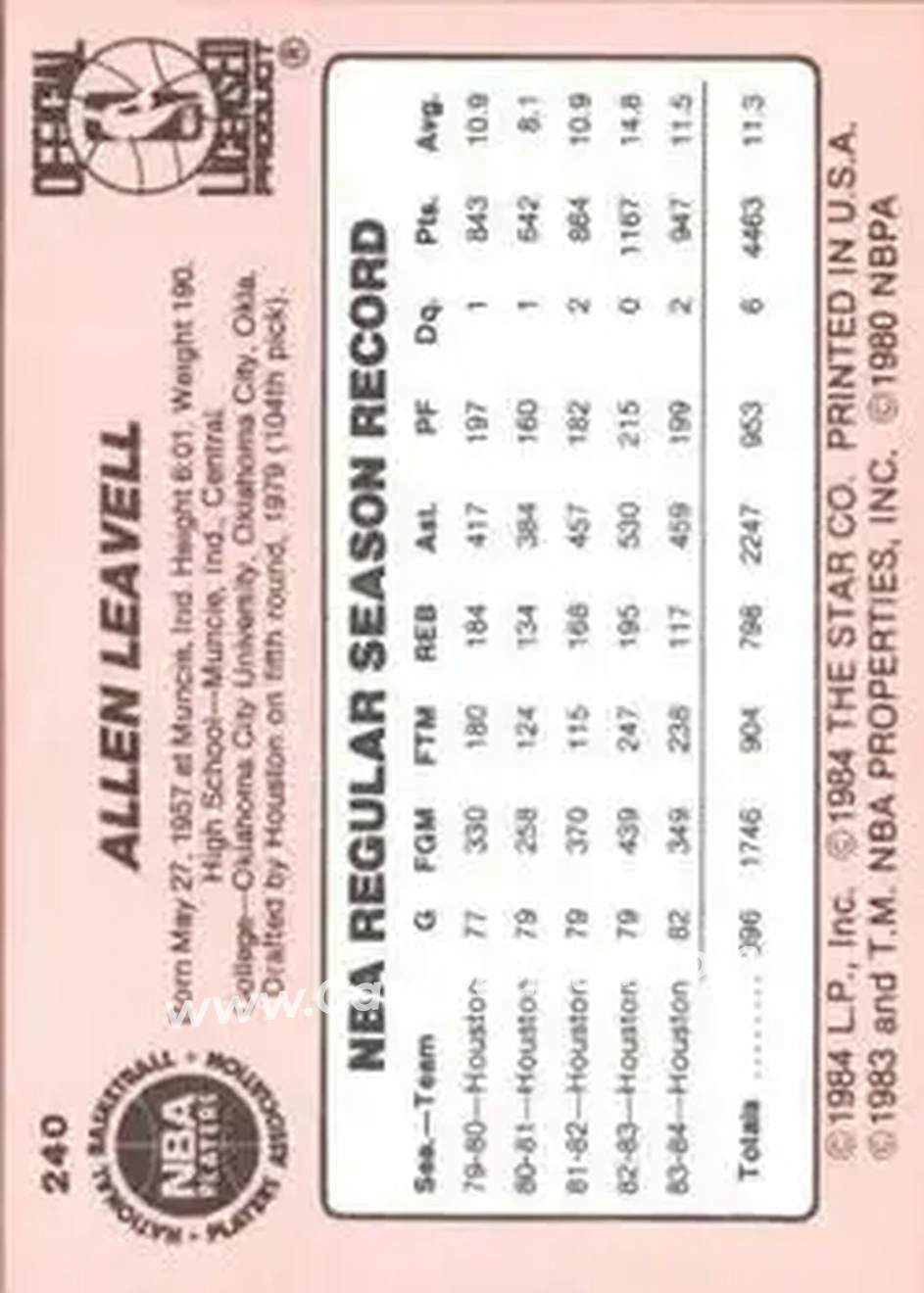 1984-85 Star #240 - Allen Leavell - Houston Rockets - Back