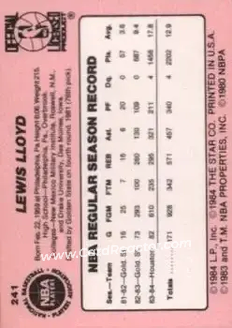 1984-85 Star #241 - Lewis Lloyd - Houston Rockets - Back
