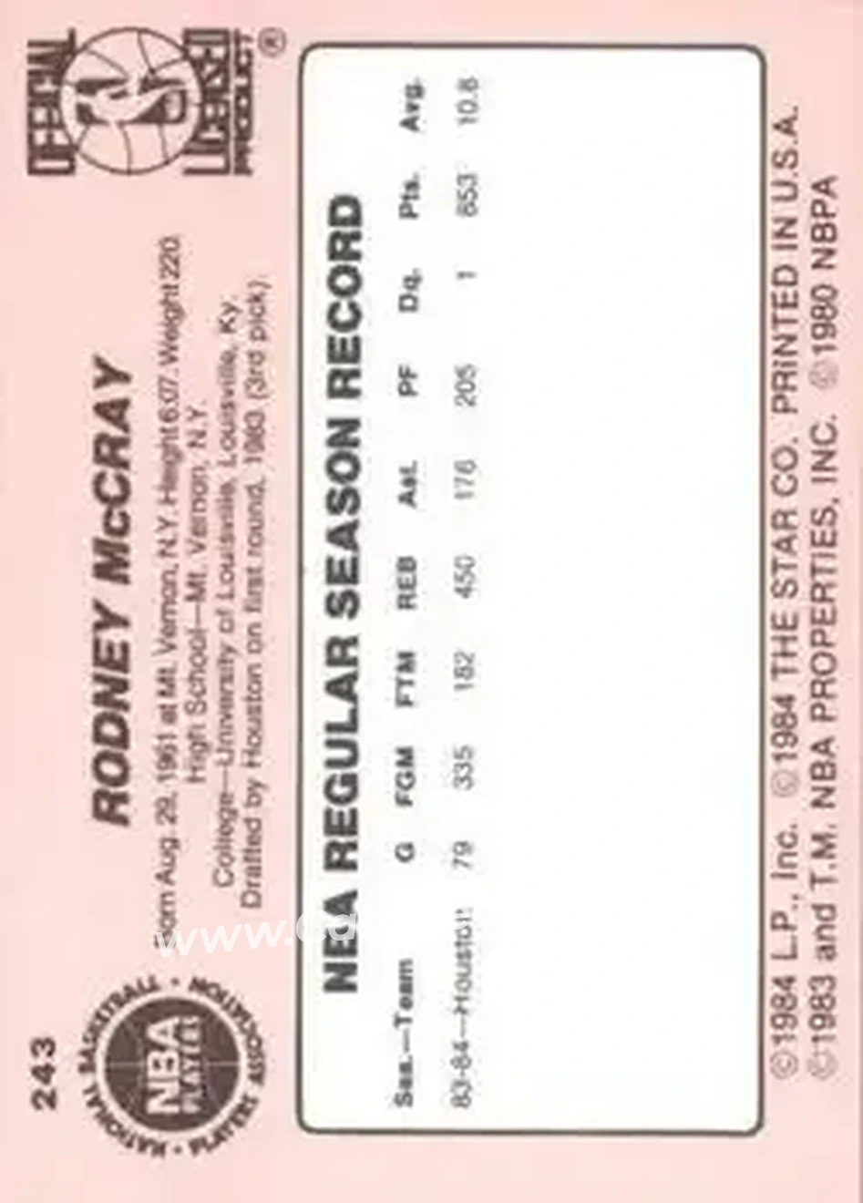 1984-85 Star #243 - Rodney McCray - Houston Rockets - Back