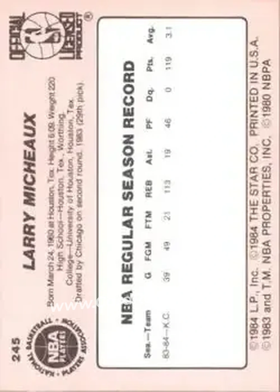 1984-85 Star #245 - Larry Micheaux - Houston Rockets - Back