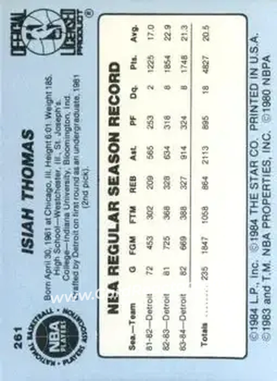 1984-85 Star #261 - Isiah Thomas - Detroit Pistons - Back