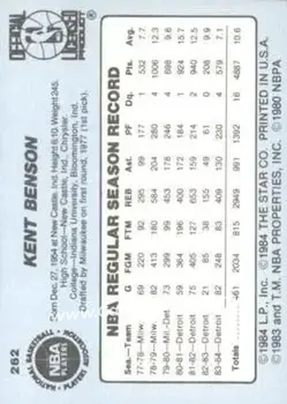 1984-85 Star #262 - Kent Benson - Detroit Pistons - Back