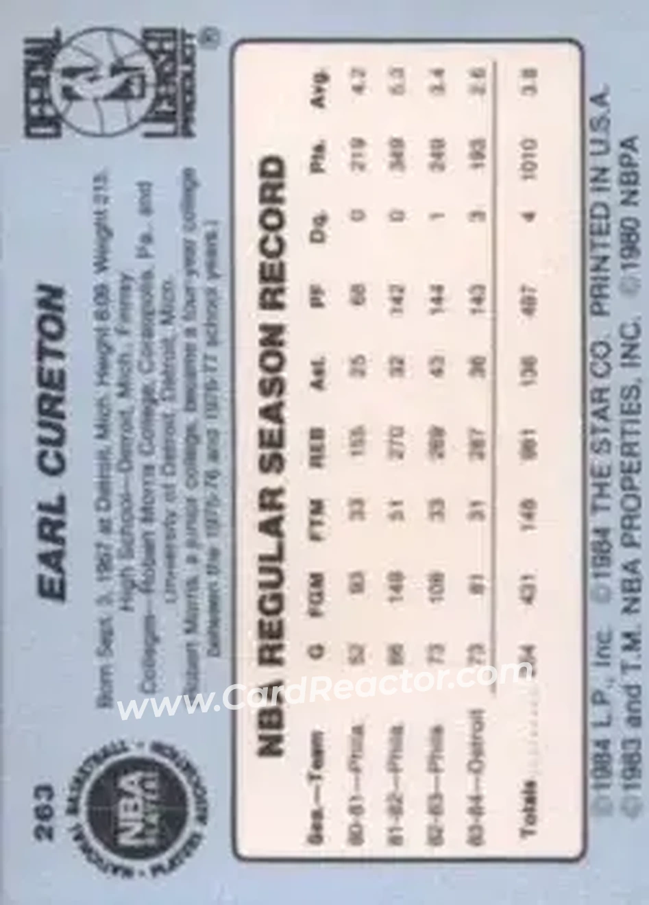 1984-85 Star #263 - Earl Cureton - Detroit Pistons - Back