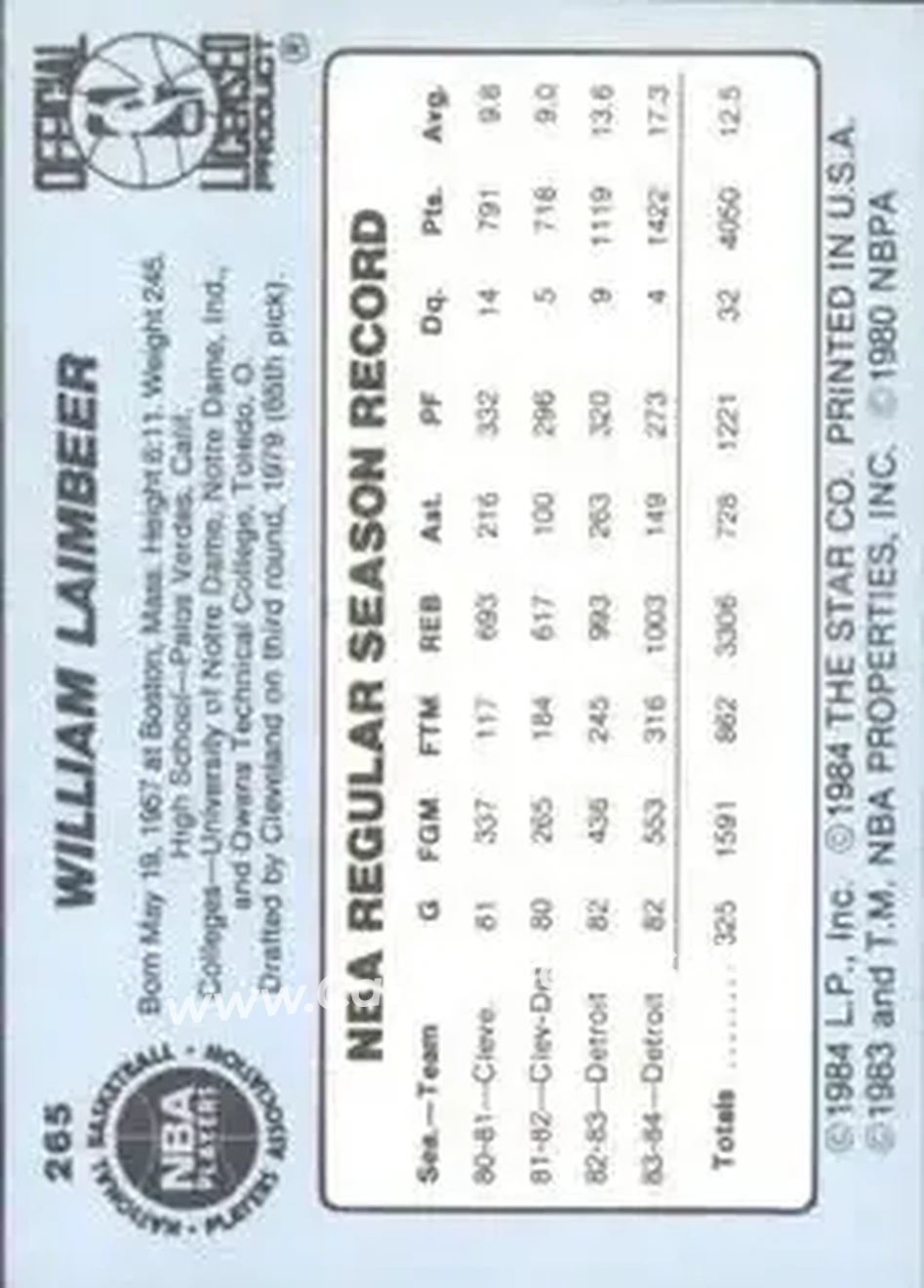 1984-85 Star #265 - Bill Laimbeer - Detroit Pistons - Back