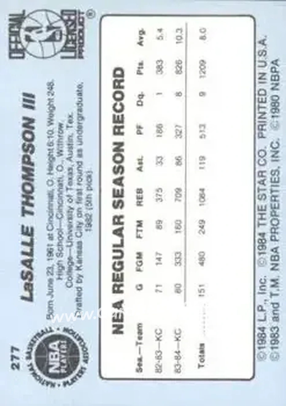 1984-85 Star #277 - LaSalle Thompson - Sacramento Kings - Back