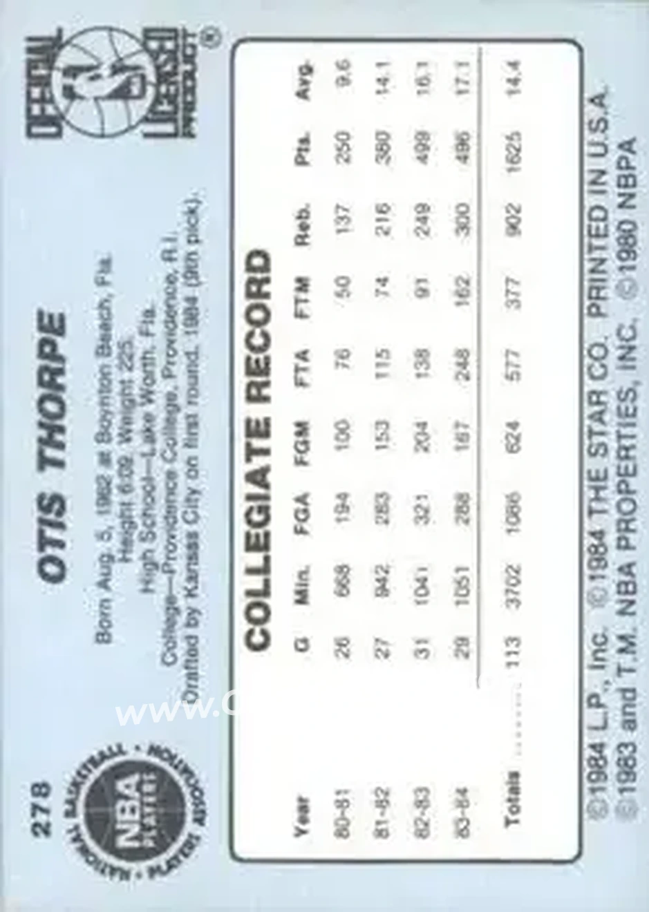 1984-85 Star #278 - Otis Thorpe - Sacramento Kings - Back