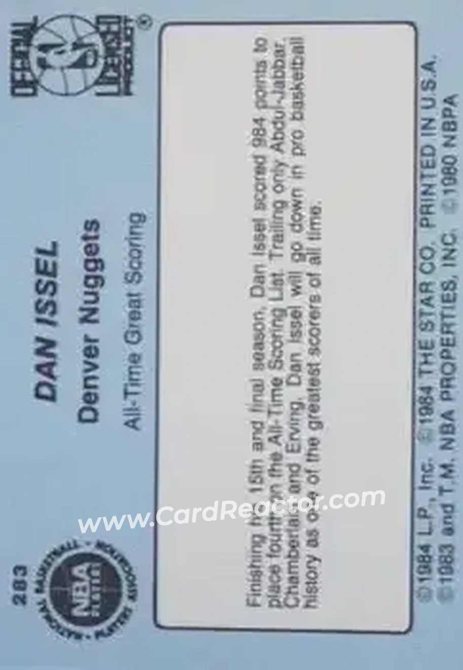 1984-85 Star #283 - Dan Issel - Denver Nuggets - Back