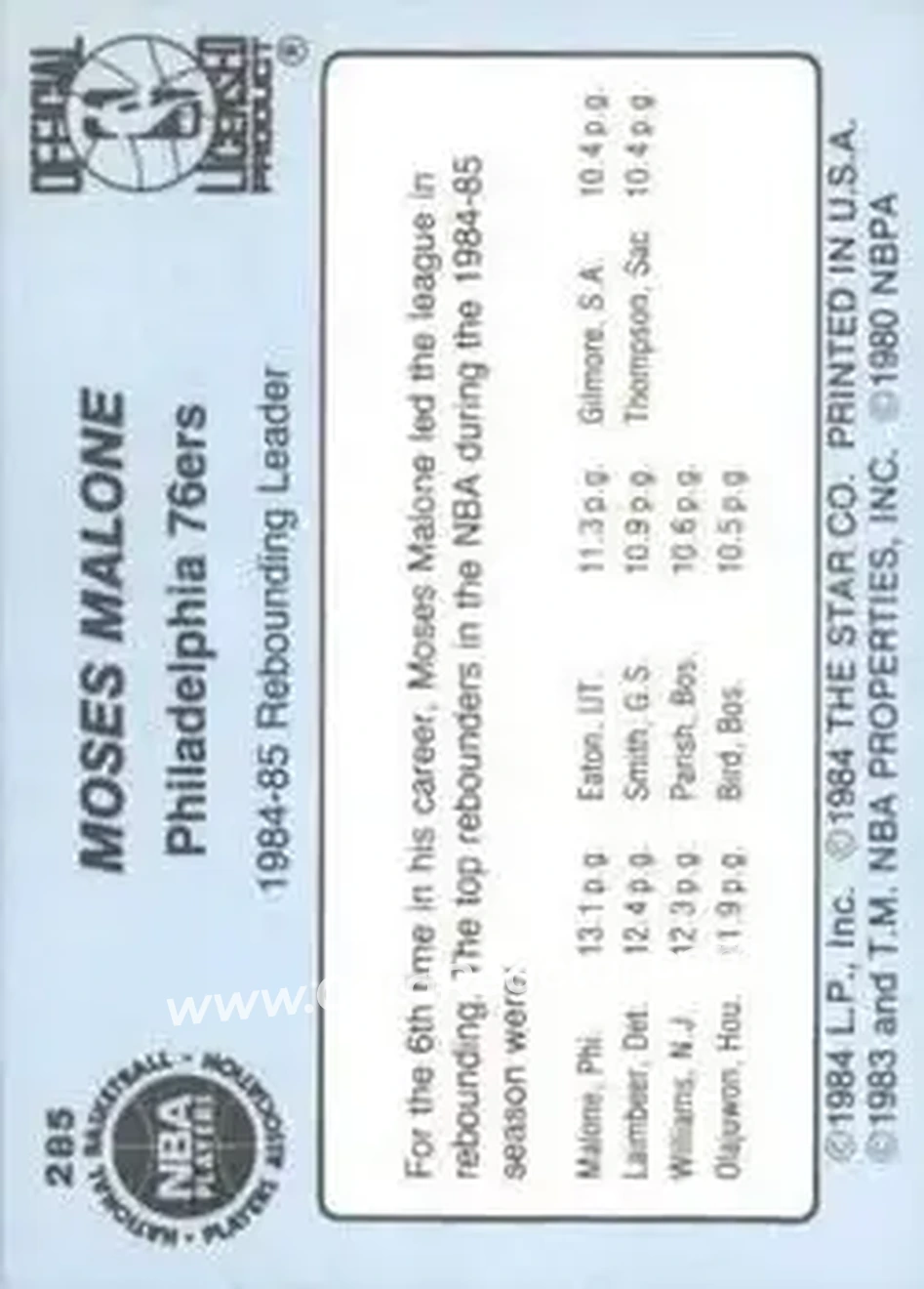1984-85 Star #285 - Moses Malone - Philadelphia 76ers - Back