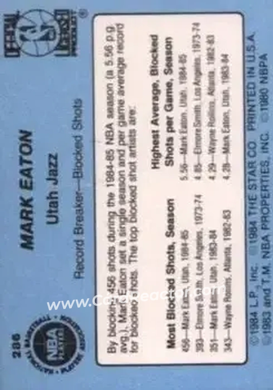 1984-85 Star #286 - Mark Eaton - Utah Jazz - Back
